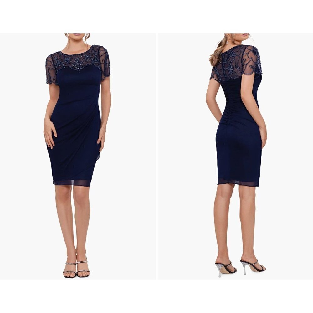 New Xscape Size 18 Beaded Short Sleeve Chiffon Sheath Dress Navy *Thread Pulls*